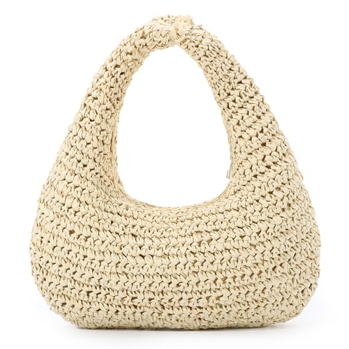 Fecialy Straw Bag for Women Crescent Shoulder Handbag Straw Summer Beach Tote Handbag Raffia Woven Hobo Bag - color: Beige