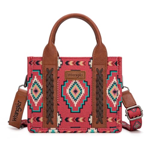 Wrangler Mini Aztec Tote Bag for Women Boho Small Top Handle Purse with Adjustable Strap - color: Boho Burgundy Red
