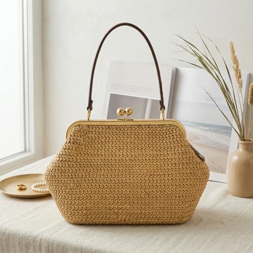 Kiss Lock Woven Bag, Large Capacity Straw Rainbow Handbags for Vacation Travel Shopping, Summer Straw Shoulder Bags - color: [Style 3]