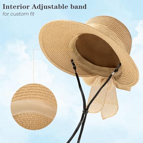 Beach Sun Straw Hats for Women, UPF 50+ UV Sun Protection Wide Brim Summer Straw Hat Foldable Packable Roll up Cap - color: Khaki Bow