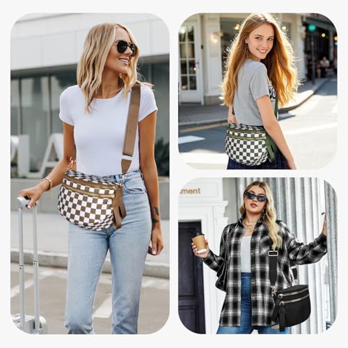 Spacious Nylon Checkered Crossbody Bum Bag for Women, Fashion Checkerboard Fanny Pack Purse with Anti-theft Pocket, Adjustable Wider Strap Wasit Bag (White-Brown) - color: White-brown
