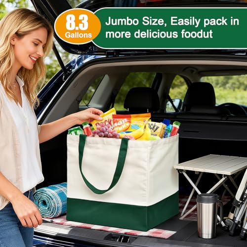 Reusable Grocery Bags Heavy Duty, 8.3 gal Foldable Large Canvas Tote Bag with Handles, Holds 60 lbs Canvas Shopping Bags, 1 Pack（Retro Green） - color: [A1] Off White / Retro Green, size: 1 Pack