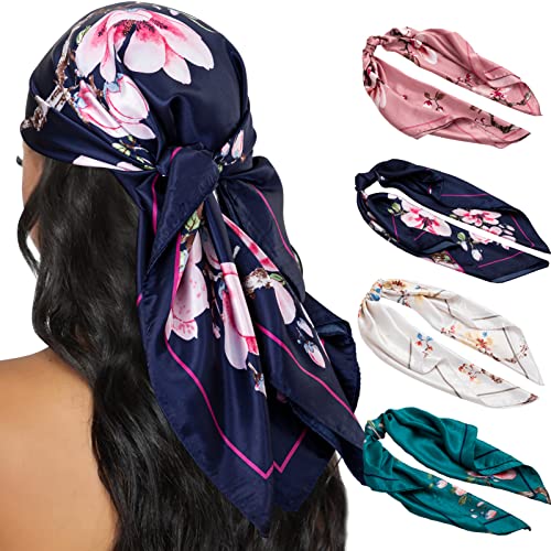 HBselect 4PCS Head Scarf for Women 35” Head Scarves Silk Like Satin Neck Scarfs Square Bandana Hair Wraps Scarf for Sleeping - color: Navy Blue, Blue, White, Pink