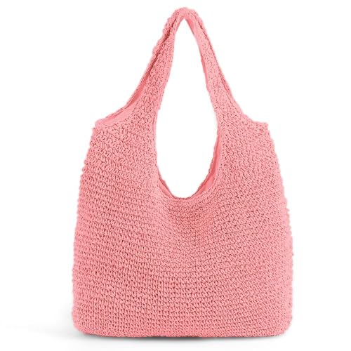 Hand-woven Soft Large Straw Shoulder Bag Boho Straw Handle Tote Retro Summer Beach Bag Rattan Handbag - color: Bright Pink