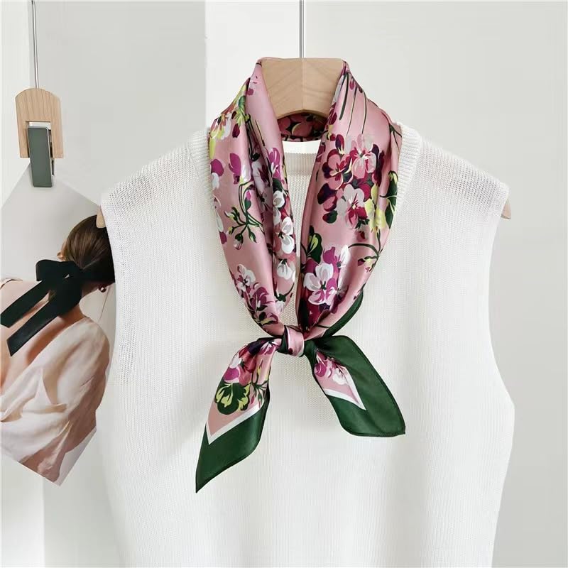 ANDANTINO 100% Mulberry Silk Square Scarf for Hair-25.6" X25.6'' Women Men Natural Silk Neckerchief Digital Printed Headscarf - color: Flowers-pink&green