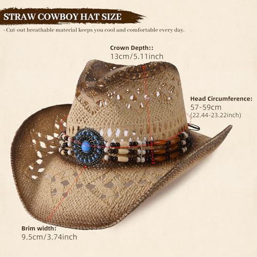 Straw Cowboy Hat for Men Womens Straw Cowgirl Hat Summer Western Cowboy Hats with Wide Brim for Cowgirls and Cowboys - color: Beige