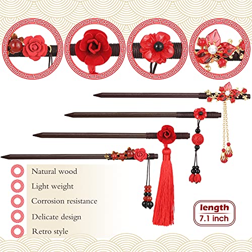 Waydress 4 Pcs Asian Hair Stick Accessories for Women Chinese Japanese Hair Chopsticks Clips Retro Geisha Red Wooden Cherry Hairpins Handmade Flower Tassel Geisha Costume for Girl(Classic Style)