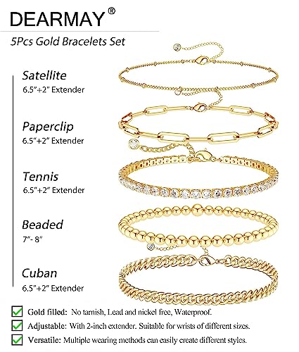 DEARMAY 14K Gold Plated Bracelets for Women, Jewelry Sets Cute Tennis Beaded Bracelets Cuban Link Paperclip Chain Dainty Bracelet Pack Gifts - color: BRACELET-A