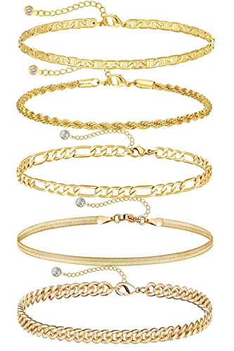 DEARMAY 14K Gold Plated Bracelets for Women, Jewelry Sets Cute Tennis Beaded Bracelets Cuban Link Paperclip Chain Dainty Bracelet Pack Gifts - color: ANKLET-A