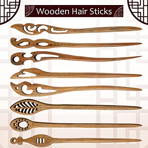 Chuangdi 8 Pieces Wooden Hair Sticks Japanese Hair Chopstick for Women Bun Maker, Chinese Chopstick Hairpin for Women Handmade Chignon Maker Accessories(Chic Pattern)
