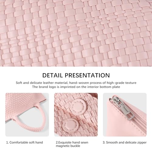 Handmade Woven Bag Satchel Handbag For Women Vegan Leather Tote Bag With Purses Travel Shoulder Bag Underarm Bag - color: Pink