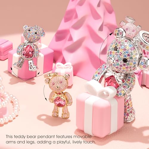 Swarovski Crystal Teddy Bear Necklace, White Gold Plated, Playful Movable Design, Sweet Warmth & Love Symbol Jewelry Gift for Women Teens Girls, Gift-Ready Packaging - style: Swarovski Pearl Chain