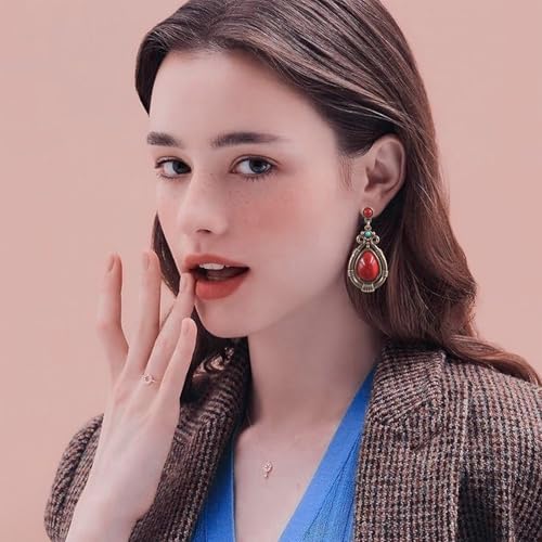 Handmade Teardrop Turquoise Earrings Necklace Set for Women Bohemia Tribal Antique Ethnic Style Earring Delicate Teardrop Gemstone Dangle Drop Statement Earrings Western Jewelry - color: Red Turquoise Choker Necklace