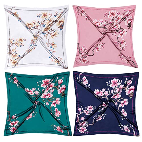 HBselect 4PCS Head Scarf for Women 35” Head Scarves Silk Like Satin Neck Scarfs Square Bandana Hair Wraps Scarf for Sleeping - color: Navy Blue, Blue, White, Pink