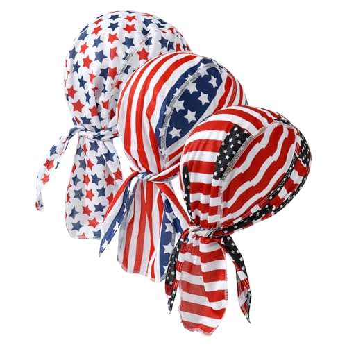 DOCILA 3 Pcs Do Rags for Men Skull Cap Bandana Hat Breathable Helmet Linner Beanie - color: Redwhiteblue