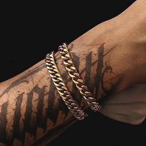2Pcs Stainless Steel Bracelets for Men 14K Gold Plated Cuban Link Figaro Rope Silver Chain Bracelet Set Curb Width Sturdy Bracelet 7.5/8.3/9 Inches Jewelry Gifts for Dad Husband - color: A:Gold-Cuban Link, size: Display Length: 7.5 Inches