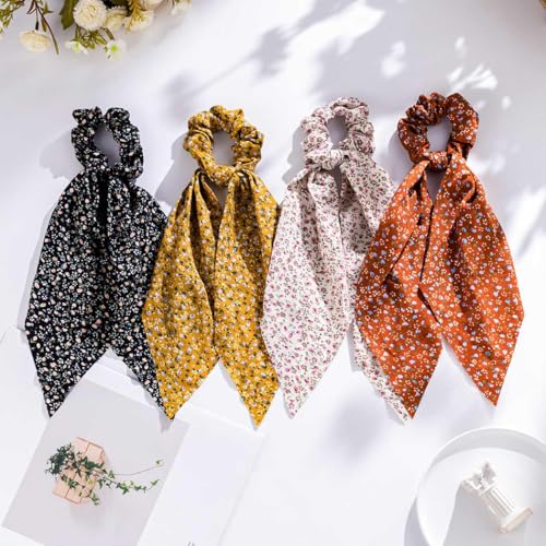 Boho Hair Scarf Scrunchies for Women Bow Hair Ties Floral Hair Scrunchies Silk Elastic Ponytail Holder Hair Accessories for Girls 4 pcs (Flower-1) - color: Flower-1