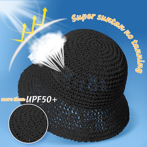 Rulala Fancy Womens Sun Hat Handmade Straw Bucket UV Protection Wide Brim Packable Travel Summer Cap for Beach UPF 50+ - color: Black