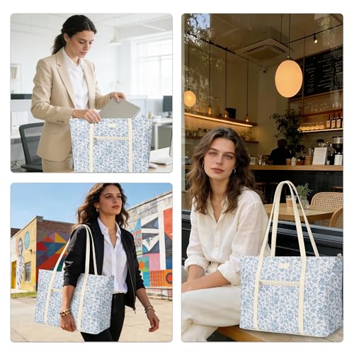 Laptop Tote Bag for Women 17 Inch, Teacher Work Bag with Compartments Business Laptop Bag With 15 Pockets Work Tote Bag - color: Blue Flower-1pcs