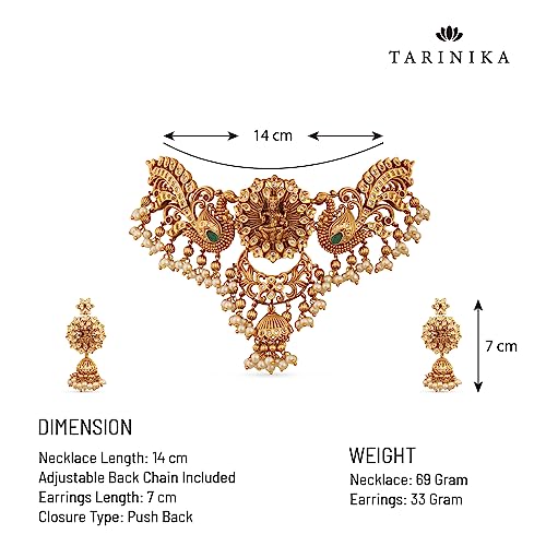 TARINIKA Brass Indian Choker Necklace Set - Gold Plated Cubic Zirconia Indian Jewelry Sets for Women Dangle, Drop, Jhumka Earrings Traditional Desi Necklace Pearls Gift for her - style: Anusri Antique(White Green)