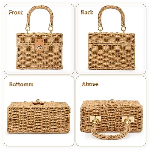 Fecialy Women Handwoven Rattan Handbag Beach Straw Tote Bag Square Boho Crossbody Bag - color: Brown