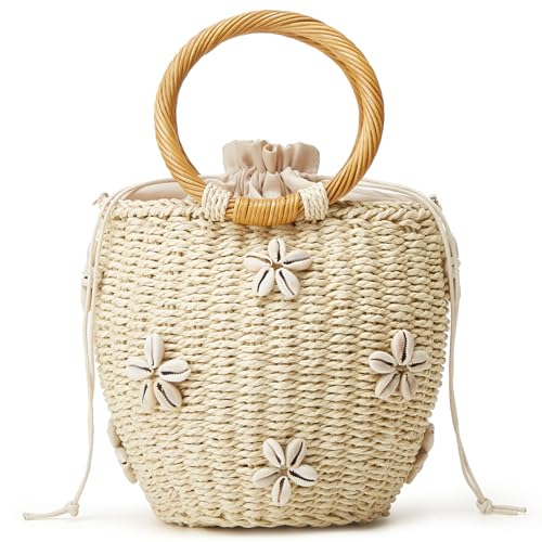 Summer Straw Bag for Women Pearl Flower Bucket Tote Bag Diamond Handbag Hand Woven Rattan Shell Purse Drawstring - color: B-beige