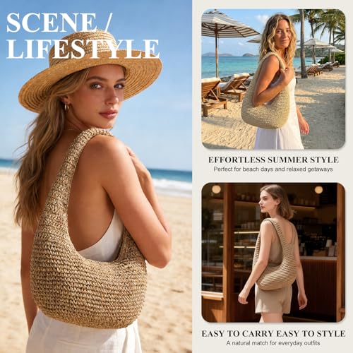 Straw Beach Bag for Women, Summer Tote Bag for Vacation, Hobo Shoulder Bag for Beach Wedding Travel - color: Brown