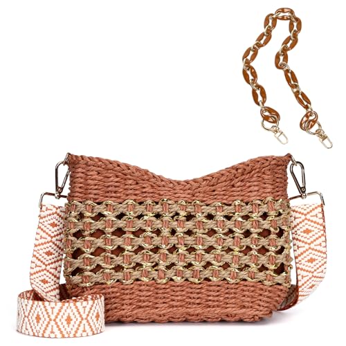 Herald Small Summer Crossbody Bags for Women, Beach Handmade Straw Woven Pocketbooks Handbag Shoulder Purse - color: Orange With Gold Thread