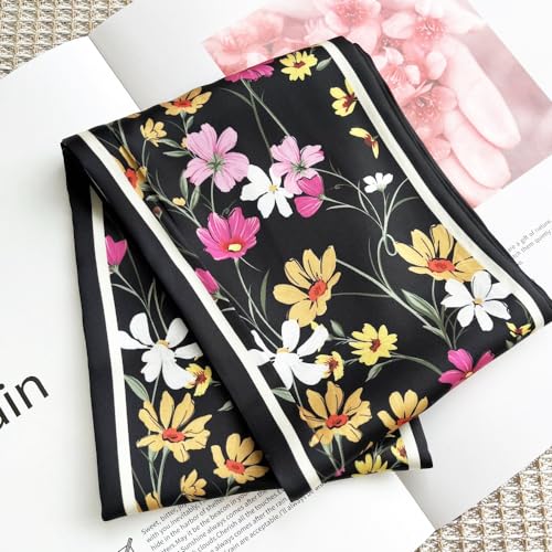Silk Head Scarf for Hair Fashion Headwrap for Women Lightweight Neck Tie - color: X002-yellow & Pink Flowers