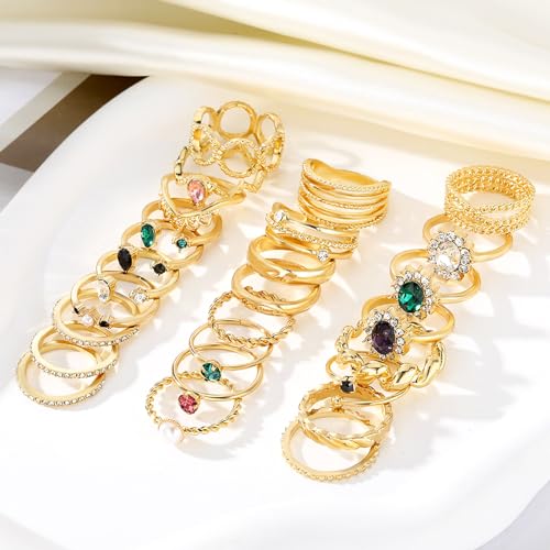 Gold Boho Sparkle Knuckle Rings Set For Women, Vintage Fashion Aesthetic Trendy Joint Snake Ring Pack, Retro Green Black Pink Colorful Rhinestone Star Crystal Leaf Diamond Pearl Jewelry - color: Gold-26Pcs