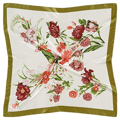 QBSM 35'' Satin Large Square Head Scarf Silk Feeling Neck Scarves Hair Sleeping Wrap Lightweight Headscarf for Women - color: Reseda Flower