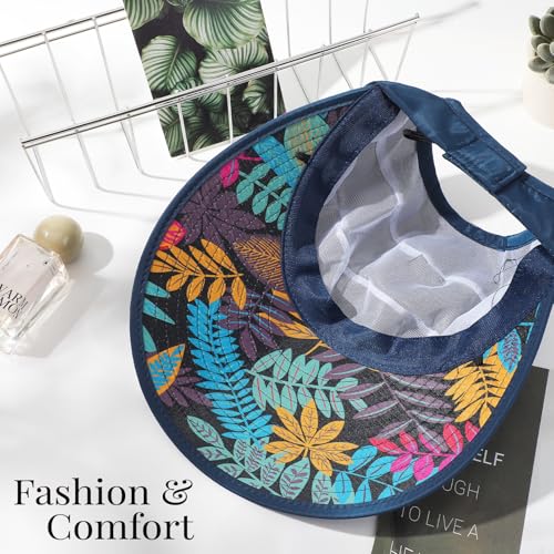 Sun Hats for Women, Wide Brim Beach Hats UV Protection, Packable Visor Ponytail Sunhat for Summer - color: Blue