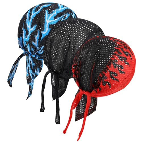 DOCILA 3 Pcs Do Rags for Men Skull Cap Bandana Hat Breathable Helmet Linner Beanie - color: Redblueblack