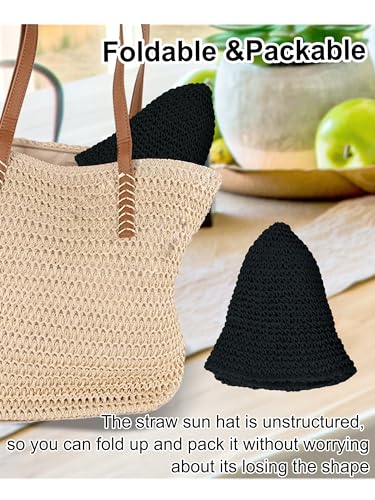 Rulala Fancy Womens Sun Hat Handmade Straw Bucket UV Protection Wide Brim Packable Travel Summer Cap for Beach UPF 50+ - color: Black