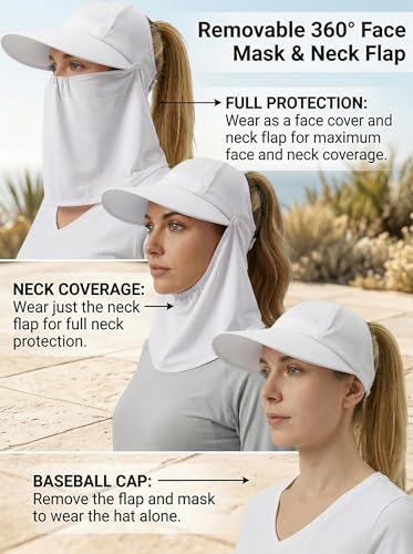 Outdoor Wide Brim Sun Hat Visor for Women, Detachable Face & Neck Cover, Hiking Gardening UPF 50+, Ponytail Friendly - color: White