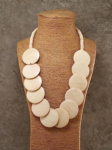 COLORFUL BLING Natural Chunky Wooden Beads Statement Necklace Boho African Tribal Collar Choker Bib Necklace Hippie Vacation Jewelry for Unisex Men Women - color: long light