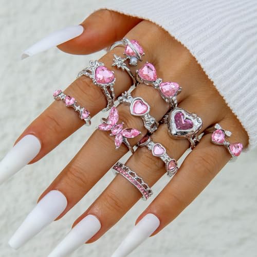 10 Pcs Sparkling Rhinestone Stackable Rings Set Vintage Pink Crystal Heart Butterfly Rings Set Bowknot Knuckle CZ Rings Wedding Prom Party Finger Jewelry Accessaries for Women - color: Silver