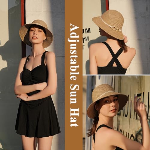 Beach Sun Straw Hats for Women, UPF 50+ UV Sun Protection Wide Brim Summer Straw Hat Foldable Packable Roll up Cap - color: Hemp Rope Buckle - Khaki