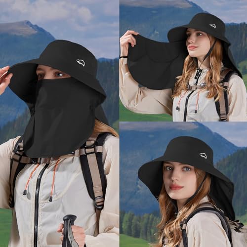 Sun Hat for Men Women with Neck Flap,UPF 50+ UV Protective Hiking Fishing Hats,Wide Brim Sun Hat for Women&Men - color: 1pack-style2-black(with Face Cover)