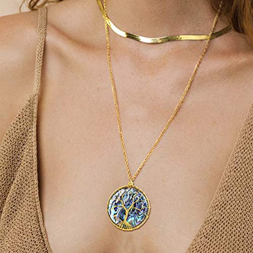 FOCALOOK Stainless Steel Wire Wrapped Tree of Life Abalone Necklaces Handmade Costume Jewelry Long Necklaces for Women (Send Gift Box) - style: 04.Round Shaped-Gold