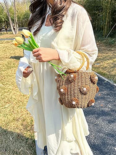 Summer Straw Bag for Women Pearl Flower Bucket Tote Bag Diamond Handbag Hand Woven Rattan Shell Purse Drawstring - color: A-khaki