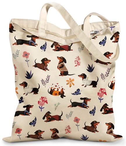 Miss Adola Canvas Tote Bag with Zipper – Cute Canvas Bags for Women Aesthetic Design Reusable Totes for Shopping Work Travel - style: Colorful Dachshund
