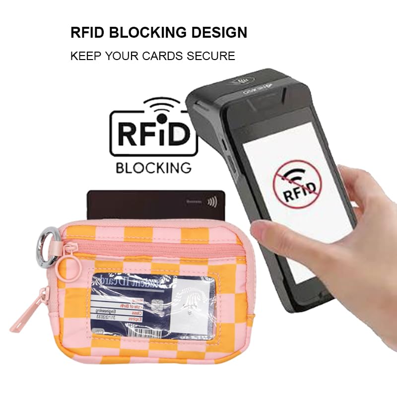 Nylon Wristlet Wallet for Women,Quilted RFID Blocking Small Zipper Coin Purse Keychain Wallet with ID Window Lightweight Travel Wristlet wallet - color: Orange Pink