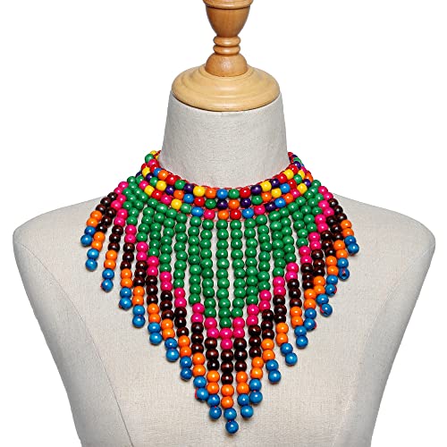 COLORFUL BLING Boho African Wooden Beaded Bib Statement Choker Necklace Long Multi Strand Chunky Layered Collar Tassel Necklace for Women Handmade Jewelry - color: green mix