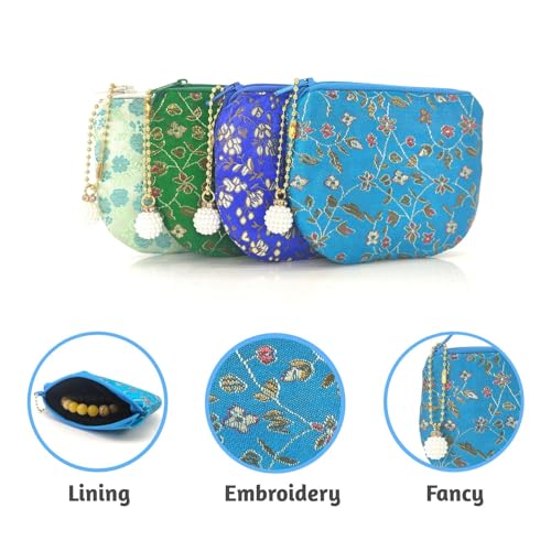 Handmade Women Coin Purse Rosary Pouch Silk Jewelry Bag Brocade Zipper Wallet - SkyBlue - color: SkyBlue