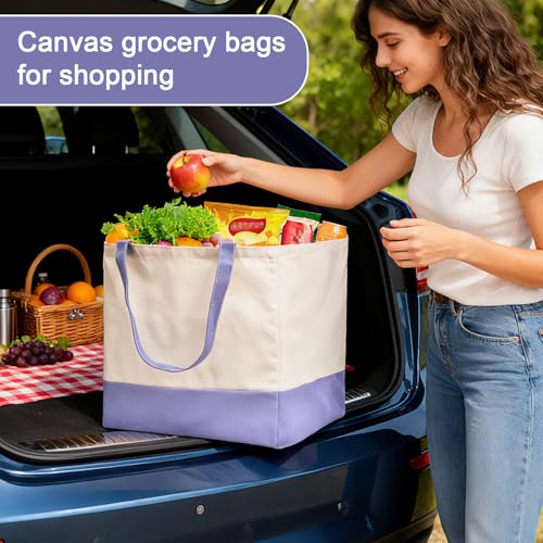 Reusable Grocery Bags Heavy Duty, 8.3 gal Foldable Large Canvas Tote Bag with Handles, Holds 60 lbs Canvas Shopping Bags, 1 Pack（Off White+Light purple） - color: [A1] Off White / Light Purple, size: 1 Pack