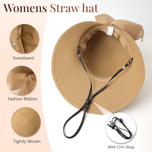Beach Sun Straw Hats for Women, UPF 50+ UV Sun Protection Wide Brim Summer Straw Hat Foldable Packable Roll up Cap - color: Khaki Bow