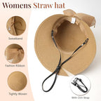 Beach Sun Straw Hats for Women, UPF 50+ UV Sun Protection Wide Brim Summer Straw Hat Foldable Packable Roll up Cap - color: Khaki Bow
