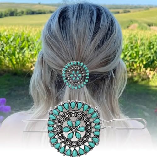 1 Pack Turquoise Flower Hair Clip Metal Hair Sticks Hair Barrettes Blue Stone Hairpin for Women Accessories - color: Green