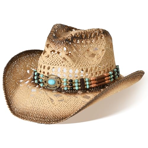 Straw Cowboy Hat for Men Womens Straw Cowgirl Hat Summer Western Cowboy Hats with Wide Brim for Cowgirls and Cowboys - color: Beige 5#